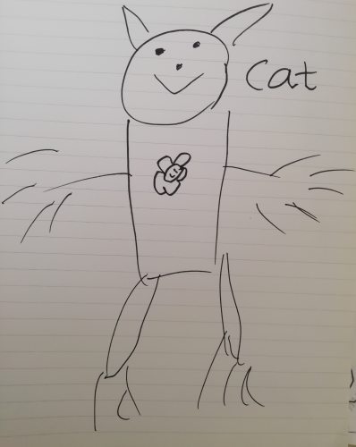 "Cat wearing a dress with a flower" by Jessica. Email your original art to <b>doubledip@wfmu.org</b> to have it featured!